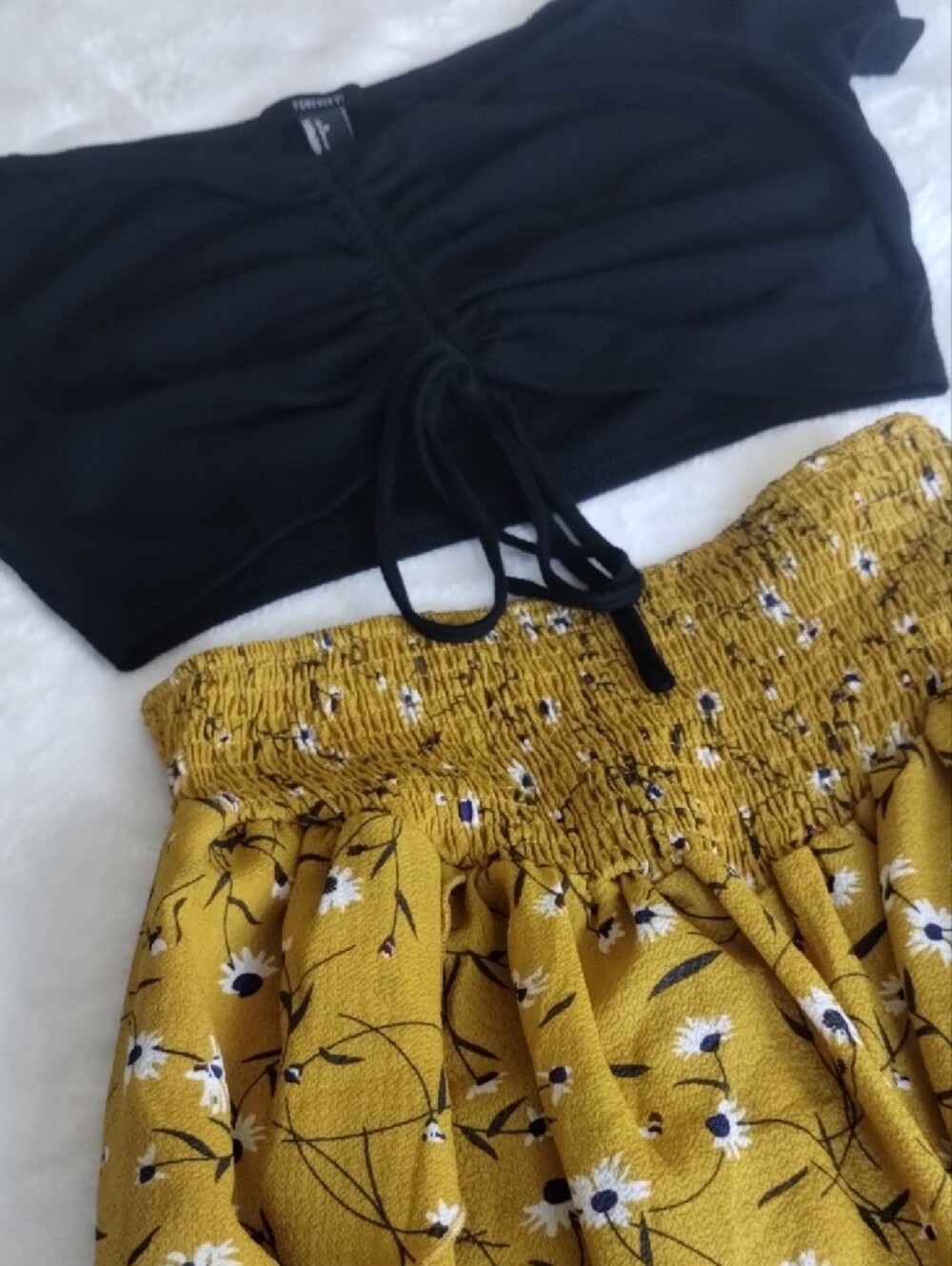 Forever 21 Black Ruched Crop Top & Mustard Floral Flowy Shorts Set